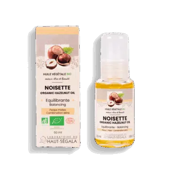 Étui et flacon d'huile de noisette biologique Haut-Ségala. Soin équilibrant et régulateur de sébum pour peaux mixtes.