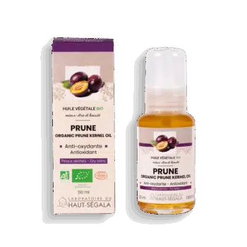 Étui et flacon d'huile de prune biologique Haut-Ségala. Soin anti-oxydant et nourrissant pour peaux sèches.
