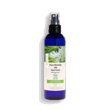 Flacon d'eau florale de tea tree biologique Haut-Ségala. Tonique visage purifiant pour peaux grasses et à problèmes.