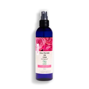Flacon bleu de 250 ml d’Eau Florale de Rose Bio du Laboratoire Haut-Ségala