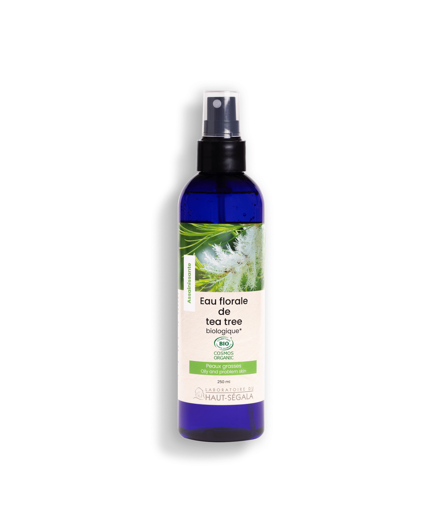 Flacon d'eau florale de tea tree biologique 250ml Haut-Ségala. Tonique visage purifiant pour peaux grasses et à problèmes.