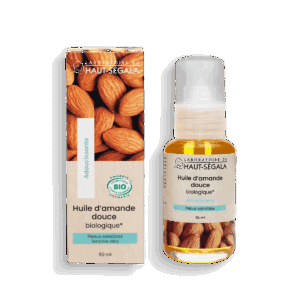 Flacon d'huile d'amande douce biologique 50ml du Laboratoire Haut-Ségala. Soin naturel pour peaux sensibles, sèches et bébés.