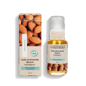 Flacon d'huile d'amande douce biologique 50ml du Laboratoire Haut-Ségala. Soin naturel pour peaux sensibles, sèches et bébés.