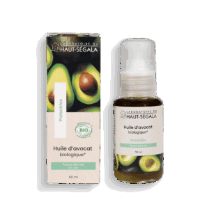 Flacon d'huile végétale d'avocat biologique 50ml du Laboratoire Haut-Ségala. Soin naturel nourrissant pour peaux sèches et matures.