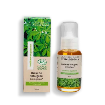Flacon de 50 ml d’huile de fenugrec bio du Laboratoire du Haut-Ségala sur fond blanc, soin raffermissant naturel.