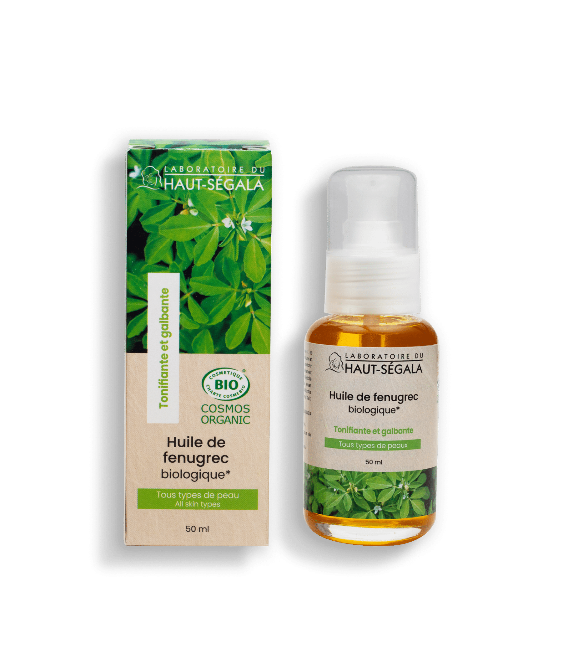 Flacon de 50 ml d’huile de fenugrec bio du Laboratoire du Haut-Ségala sur fond blanc, soin raffermissant naturel.