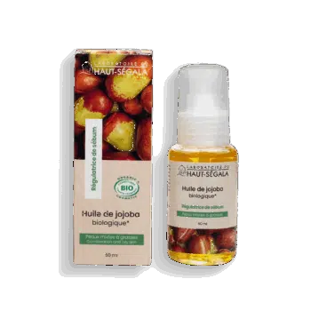 Flacon d'huile de jojoba biologique Haut-Ségala sur fond clair. Soin naturel équilibrant pour le visage et démaquillant doux.