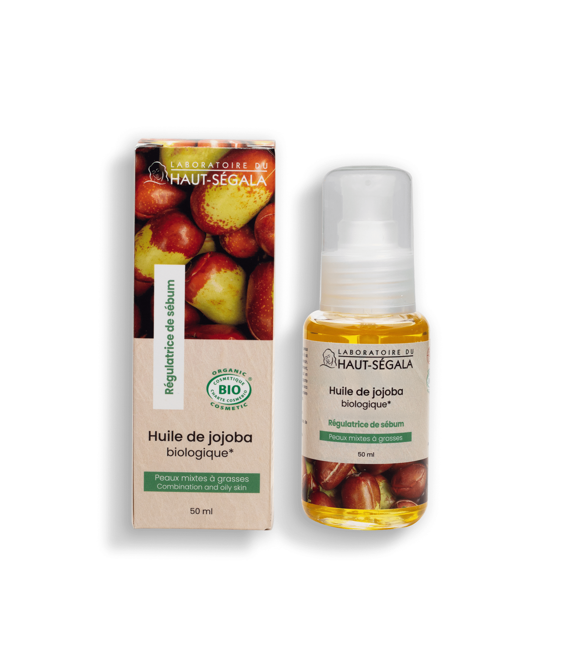 Flacon d'huile de jojoba biologique Haut-Ségala sur fond clair. Soin naturel équilibrant pour le visage et démaquillant doux.