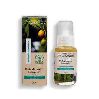 Huile de Neem bio en flacon de 50 ml, idéale pour apaiser et régénérer la peau grâce à ses vertus anti-inflammatoires.