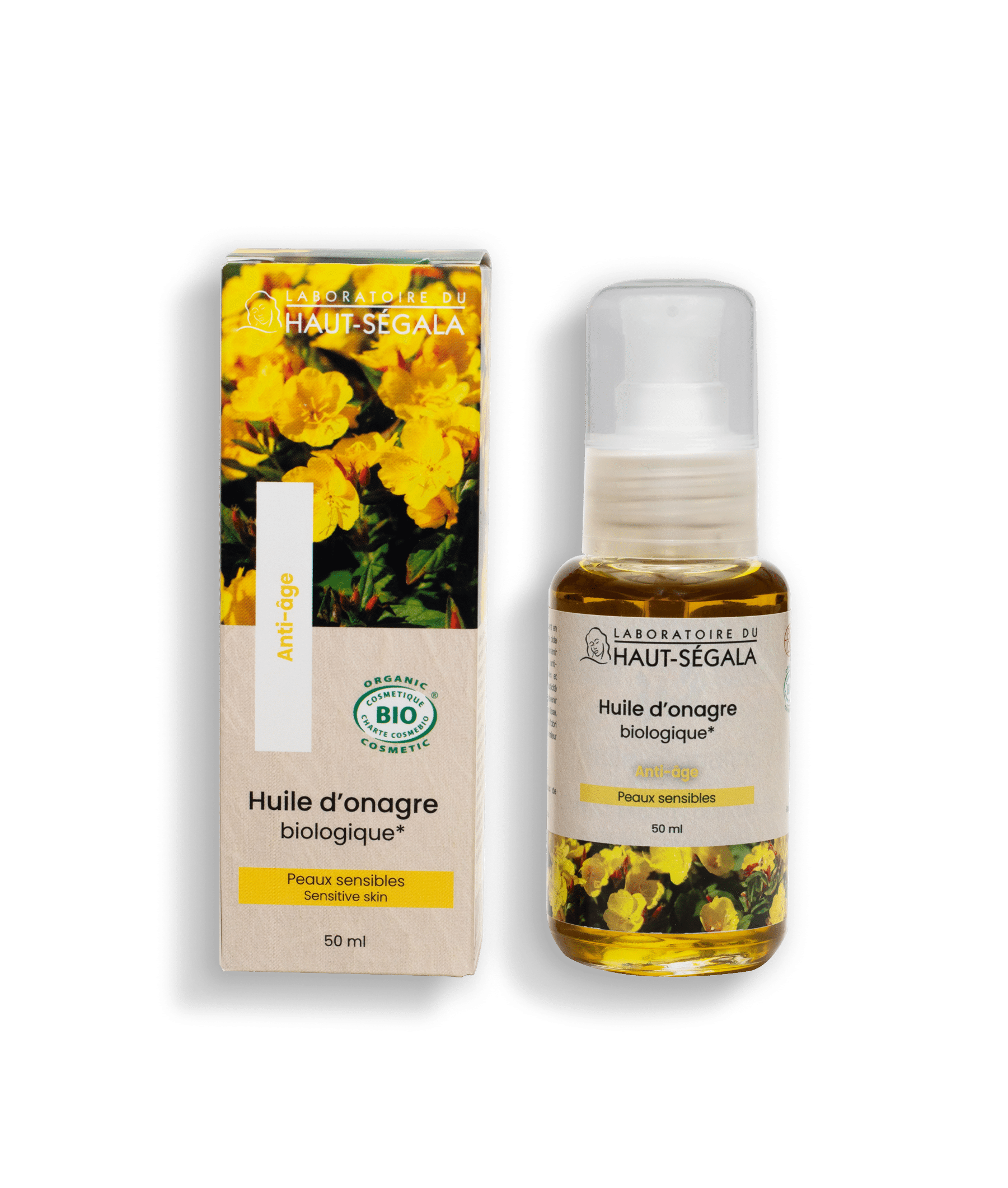 Flacon d'huile végétale d'onagre biologique 50ml du Laboratoire Haut-Ségala. Soin anti-âge et régénérant pour la peau.