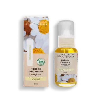 Flacon d'huile de pâquerette bio 50 ml du Laboratoire Haut-Ségala sur fond clair. Soin naturel raffermissant pour le buste et le décolleté.
