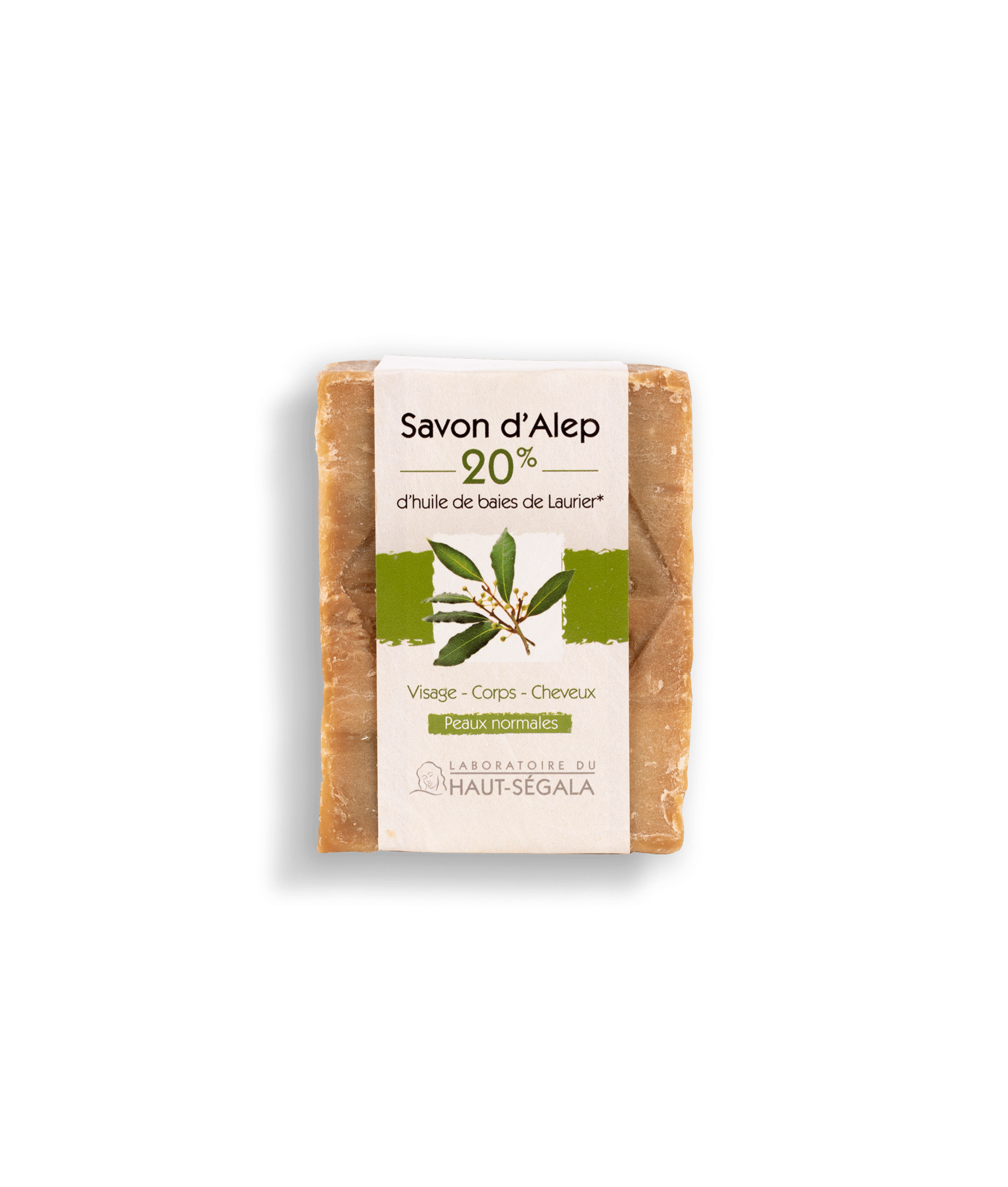 Une barre rectangulaire de Savon d'Alep 20% laurier du Laboratoire Haut-Ségala, enveloppée dans une bande de papier crème et verte. L'étiquette indique "Savon d'Alep", "20% d'huile de baies de Laurier", "Visage - Corps - Cheveux", "Peaux normales". C'est un savon d'Alep naturel pour une hygiène quotidienne bio.