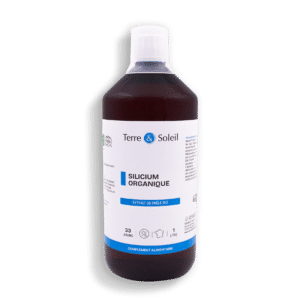Bouteille de Silicium Organique - Extrait de Prêle Bio de la marque Terre & Soleil, sur fond transparent. Le produit se présente sous forme liquide et en format 1 litre.
