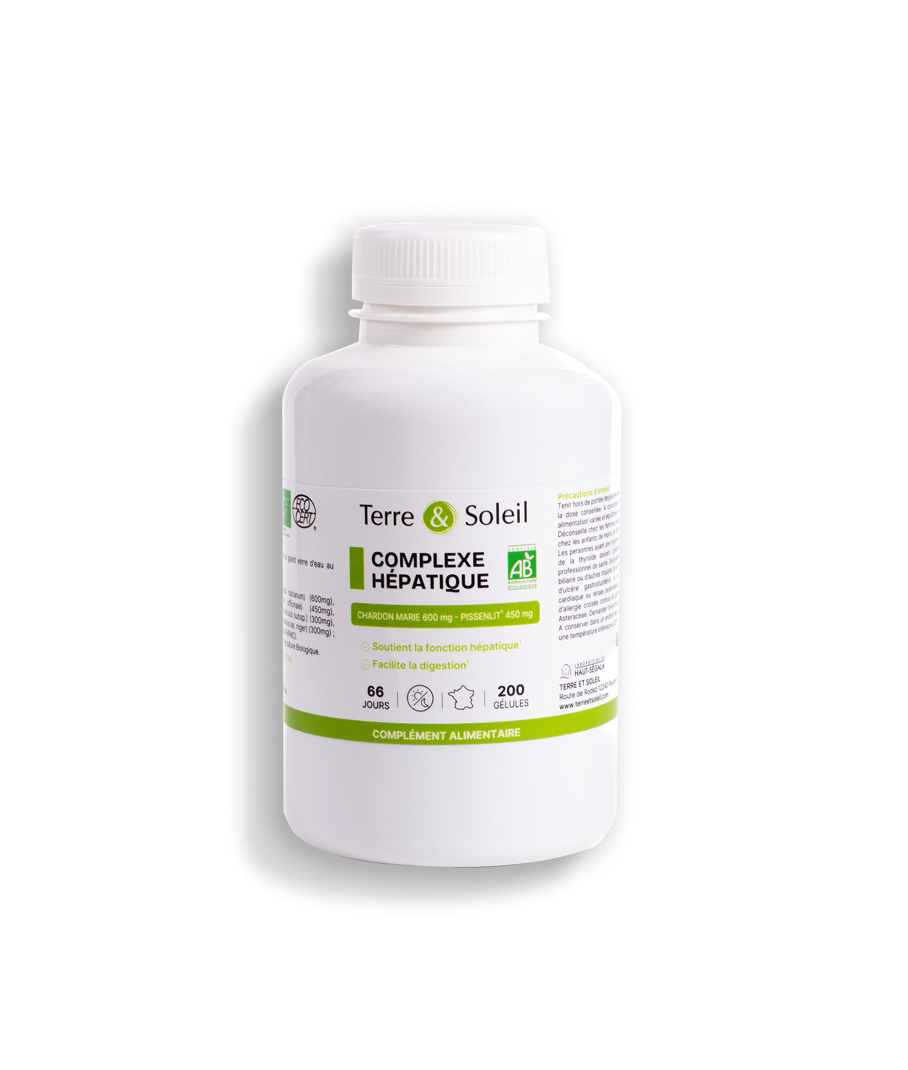 Flacon du complément alimentaire "Complexe Hépatique" de la marque Terre & Soleil, sur fond transparent. L'étiquette indique "CHARDON MARIE 800 mg - PISSENLIT 450 mg", "Soutient la fonction hépatique" et "Facilite la digestion", ainsi que les logos "AB" et "ECOCERT".