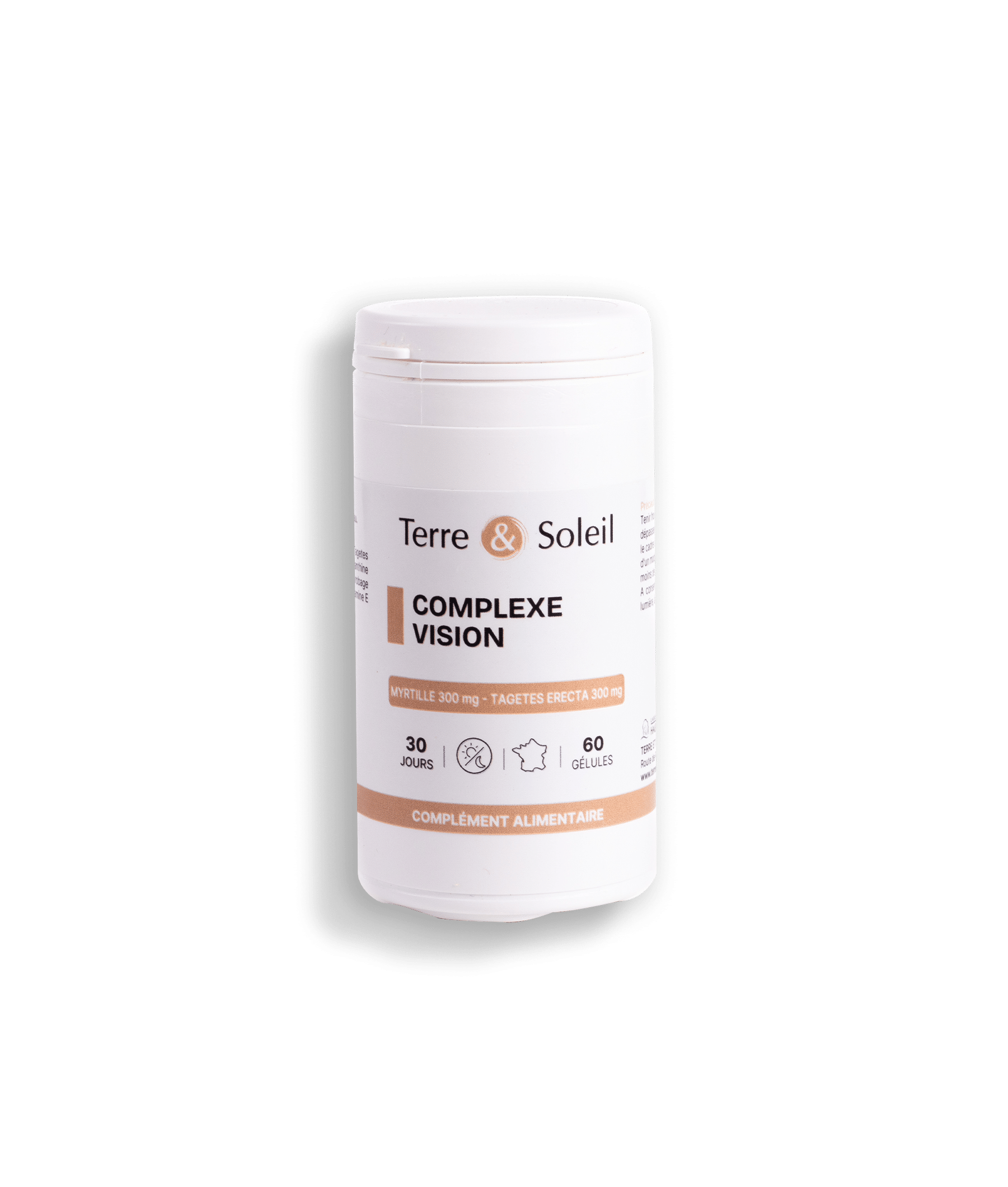 Flacon de complément alimentaire "Complexe Vision" de Terre et Soleil. L'étiquette indique "Myrtille 300 mg", "Tagetes erecta 300 mg", "30 jours", "60 gélules" et le logo de fabrication française.