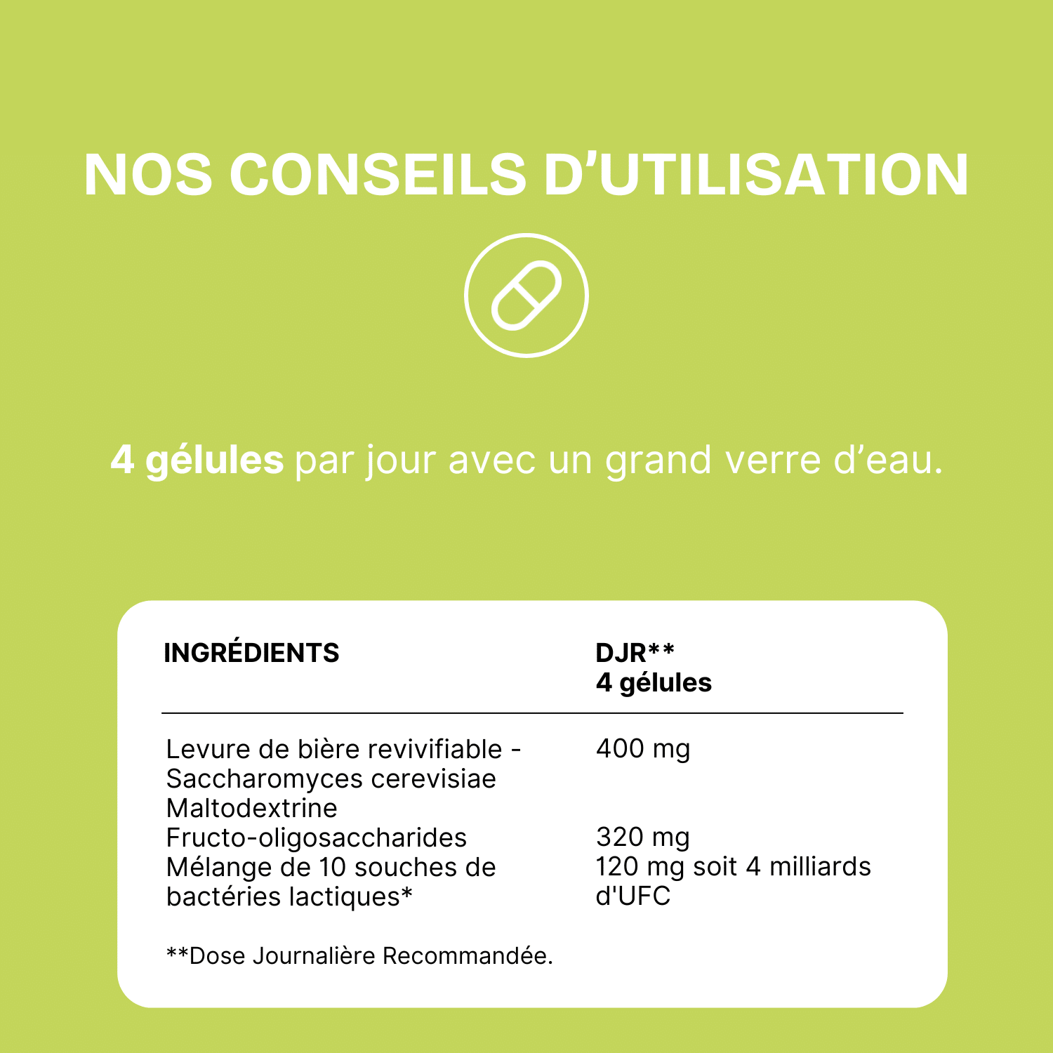 Infographie "Nos conseils d'utilisation" pour un complément alimentaire probiotique. Elle indique une posologie de 4 gélules par jour et un tableau listant les ingrédients : Levure de bière revivifiable, fructo-oligosaccharides, et un mélange de 10 souches de bactéries lactiques, avec leurs dosages.
