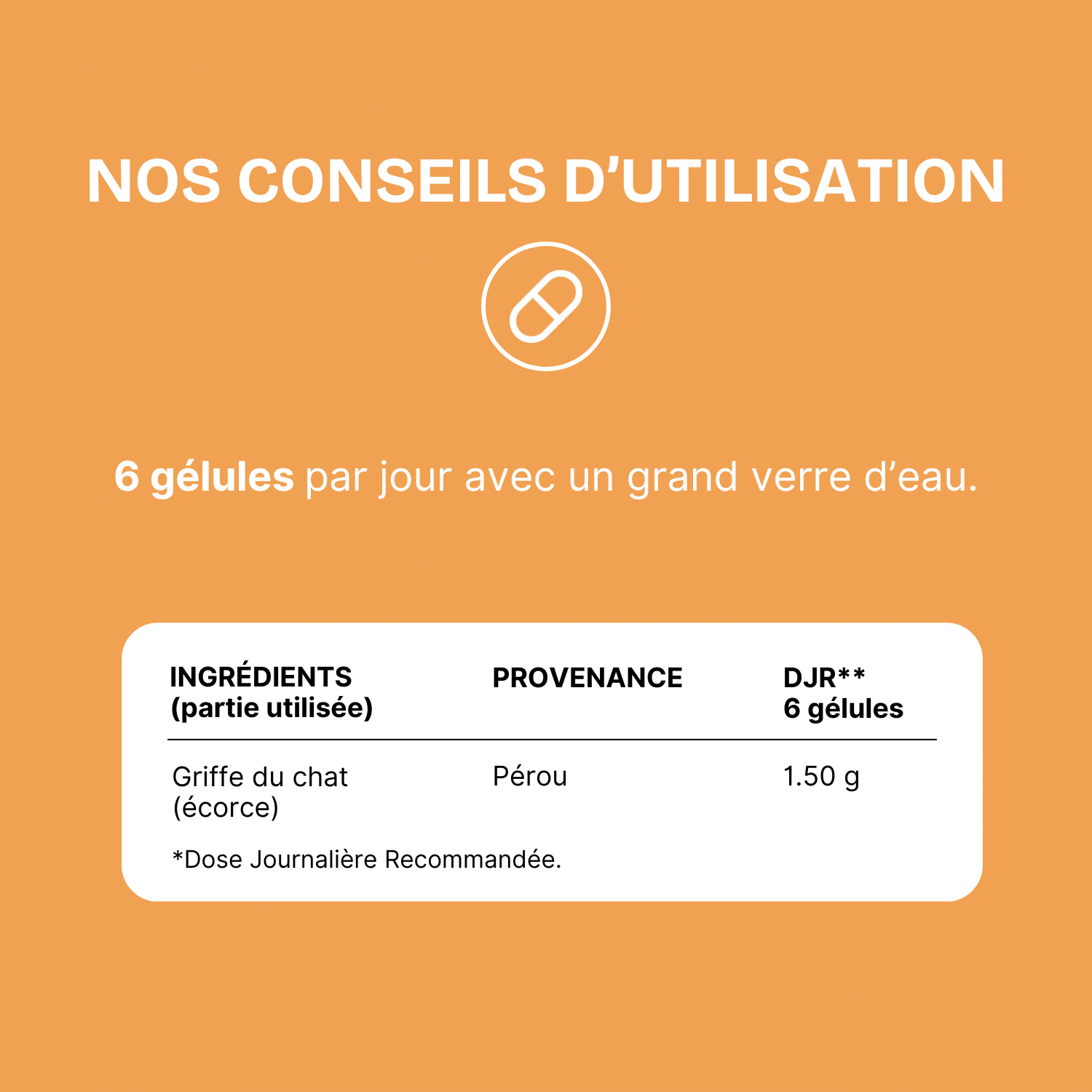Un tableau de "NOS CONSEILS D'UTILISATION" pour un complément alimentaire. La section supérieure indique "6 gélules par jour avec un grand verre d'eau". Le tableau liste l'ingrédient "Griffe du chat (écorce)", sa "PROVENANCE" (Pérou) et la "DJR" (1.50 g pour 6 gélules). L'image fournit la griffe du chat posologie et les ingrédients Uncaria tomentosa du complément.