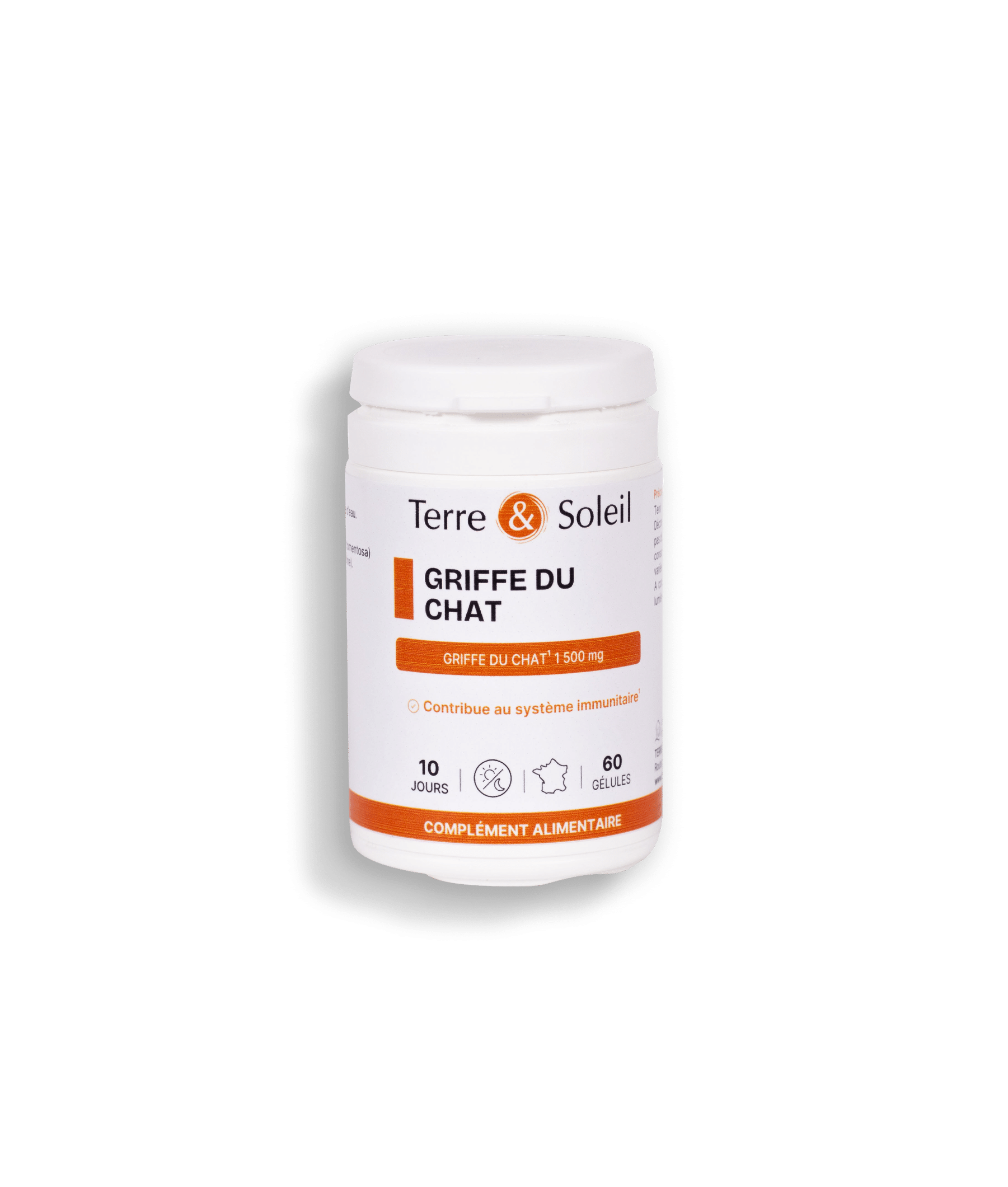 Flacon de gélules Griffe du Chat Terre & Soleil sur fond naturel, complément alimentaire à base d’Uncaria tomentosa.