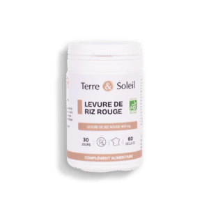 Flacon de Levure de Riz Rouge biologique 400mg de la marque Terre & Soleil, un complément alimentaire de 60 gélules.