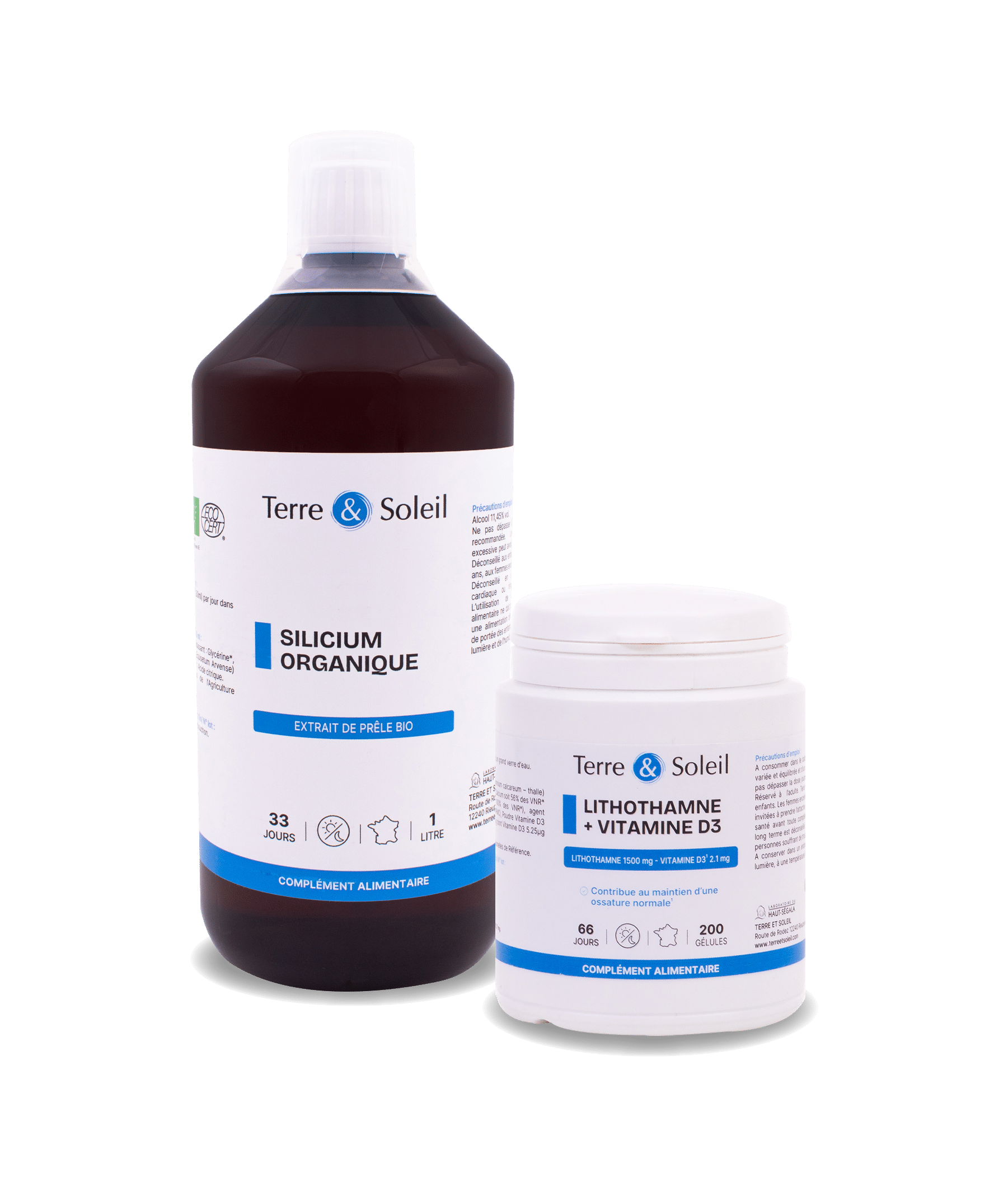 Une bouteille de 1 litre de "Terre & Soleil SILICIUM ORGANIQUE EXTRAIT DE PRÊLE BIO" (complément alimentaire) à côté d'un pot blanc de "Terre & Soleil LITHOTHAMNE + VITAMINE D3" (complément alimentaire). L'étiquette du Lithothamne précise "Contribue au maintien d'une ossature normale". L'image représente des compléments silicium lithothamne os pour la santé osseuse articulaire et la flexibilité et solidité os.