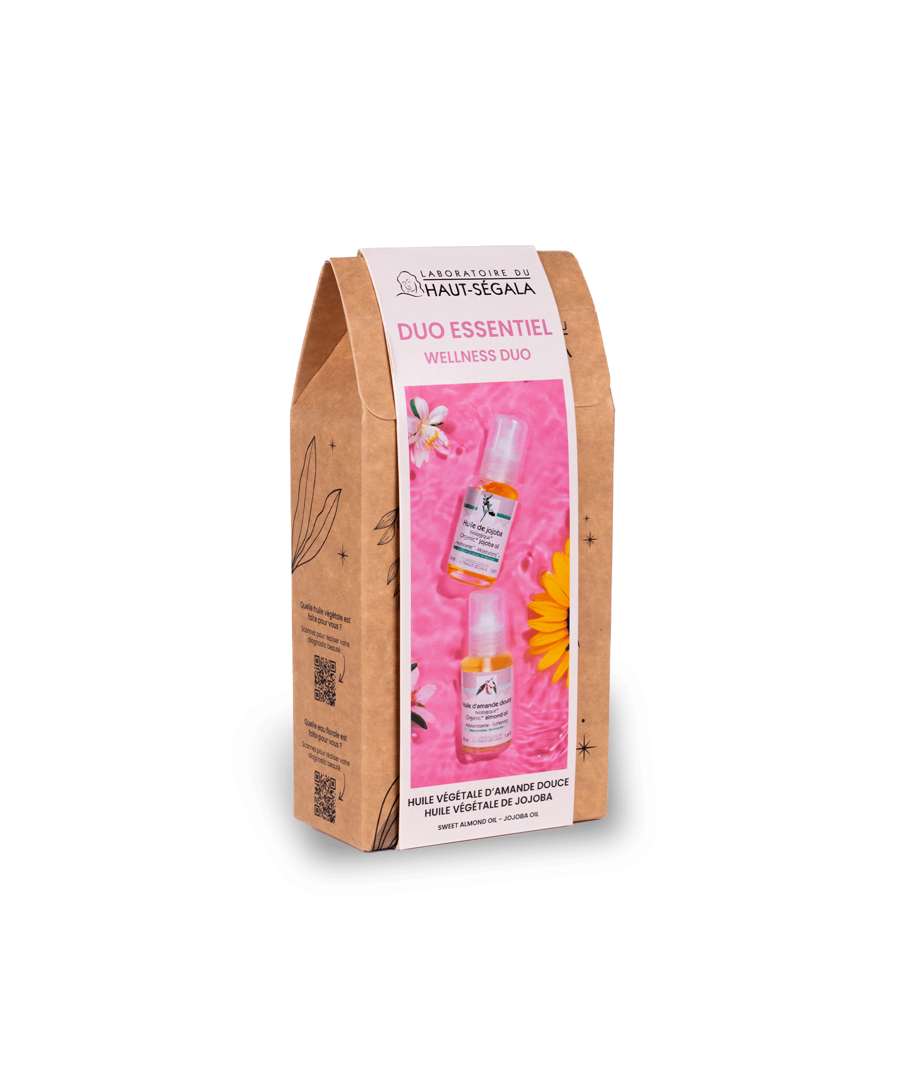Coffret en carton du "Duo Essentiel Wellness Duo" du Laboratoire Haut-Ségala, présentant les huiles d'amande douce et de jojoba biologiques.