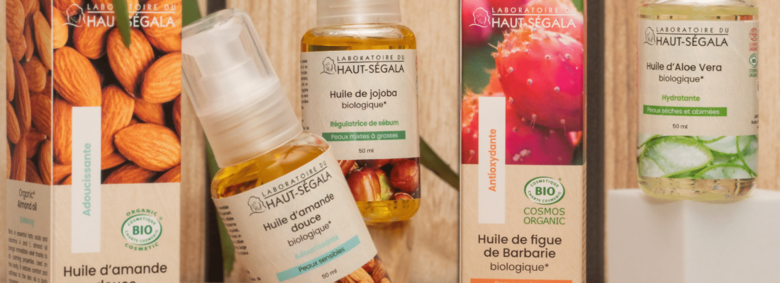 Présentation des différentes huiles végétales biologiques du Laboratoire Haut-Ségala pour le soin du visage.