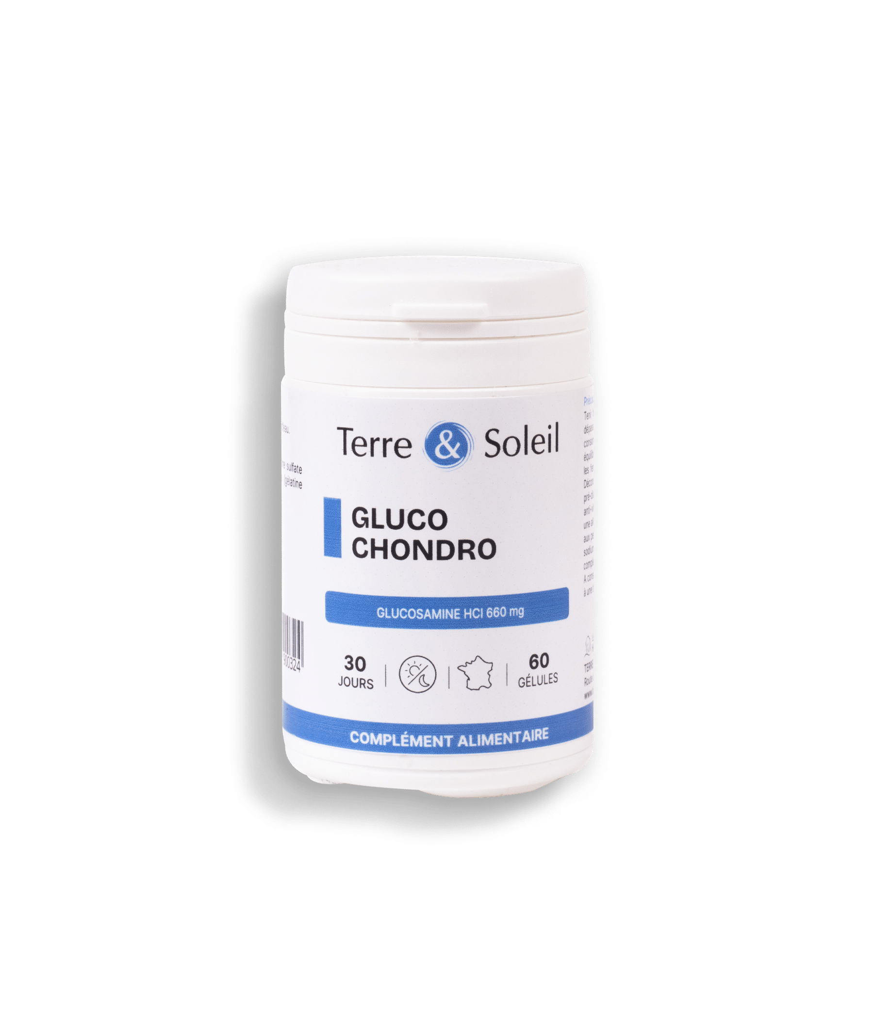 Flacon blanc de complément alimentaire "Gluco Chondro" de la marque Terre et Soleil. L'étiquette bleue indique "Glucosamine HCl 660 mg", "60 gélules" et "30 jours".