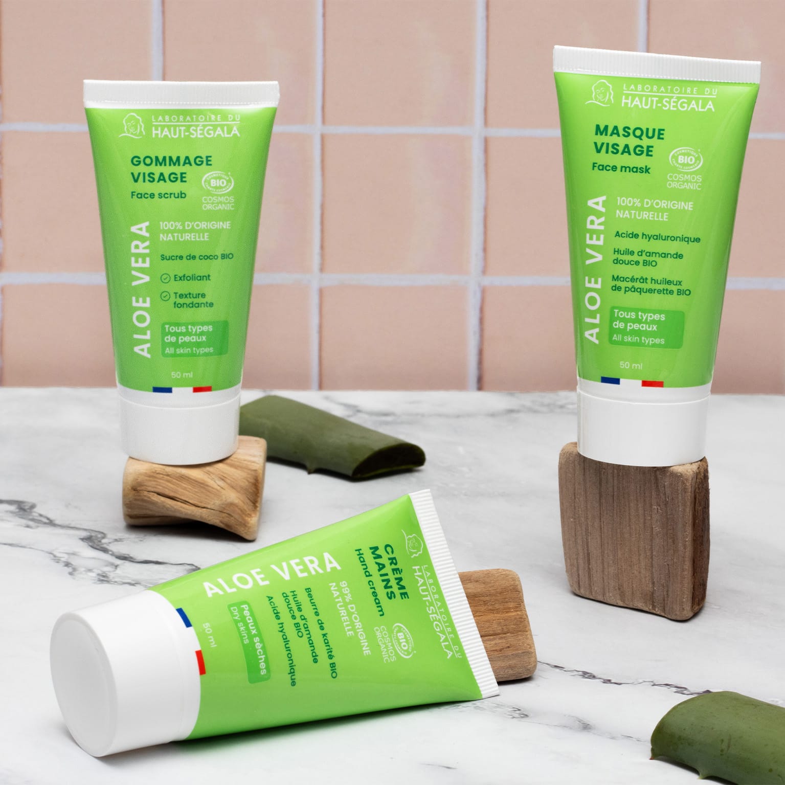 Slider promotionnel présentant les 3 nouvelles références de la gamme Aloe Vera biologique du Laboratoire Haut-Ségala.