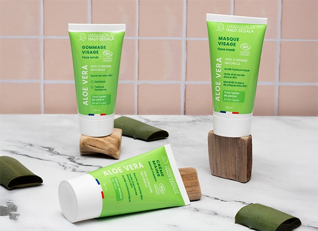 Slider promotionnel présentant les 3 nouvelles références de la gamme Aloe Vera biologique du Laboratoire Haut-Ségala.