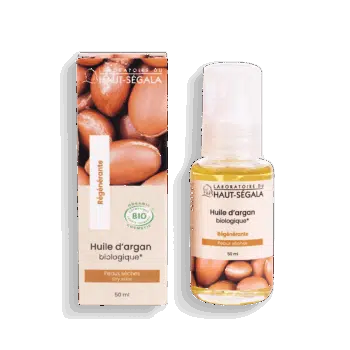 Flacon et étui d'Huile d'Argan biologique Laboratoire Haut-Ségala. Le produit de 50 ml est un soin régénérant pour les peaux sèches, certifié cosmétique bio, avec un visuel de noix d'argan.