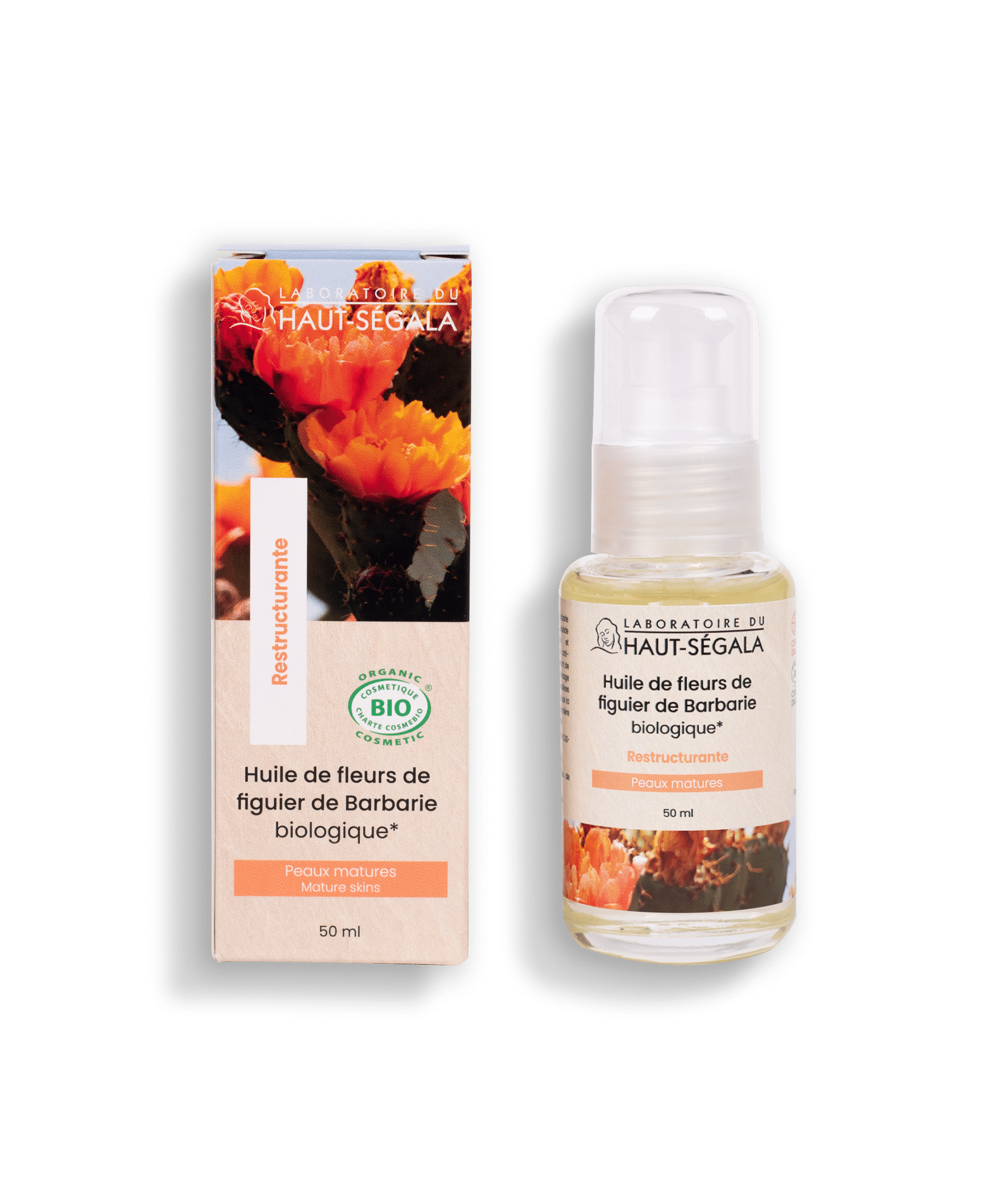 Bouteille et étui d'huile de fleurs de figuier de Barbarie biologique Laboratoire Haut-Ségala. Le produit de 50 ml est un soin restructurant pour les peaux matures, certifié Ecocert.